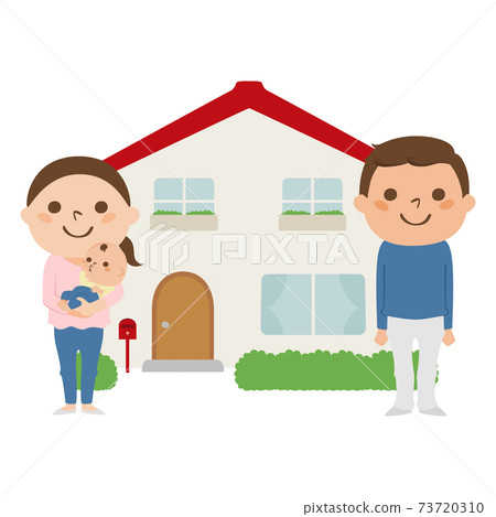 Illustration of a couple, a baby and a house. A happy family who built a new house. 73720310