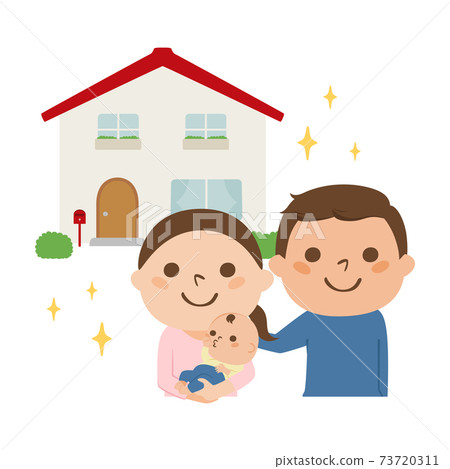 夫婦，嬰孩和房子的例證。一個幸福的家庭，誰蓋了新房子。 73720311
