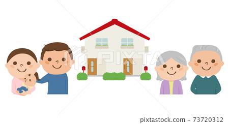 Illustration of a two-family house. Two-family house and two couples to live with their parents. 73720312