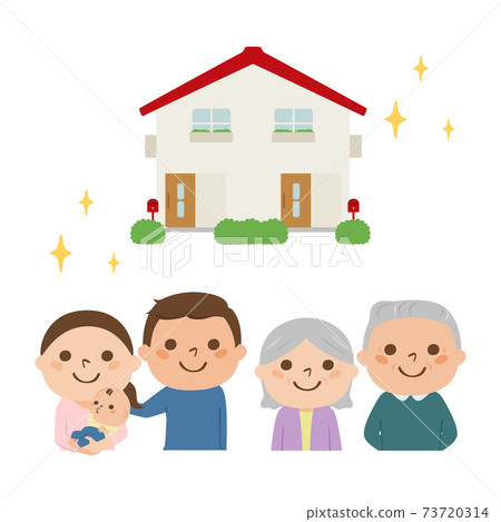 Illustration of a two-family house. A young couple thinking of a two-family house to live with their parents. 73720314