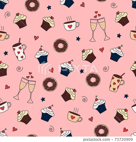 Seamless pattern of vector food items, donuts cupcakes champagne tea. Concept romantic dinner, Valentine's Day. Seamless pattern of vector food items, donuts cupcakes champagne tea. Concept romantic dinner, Valentine's Day. 73720909