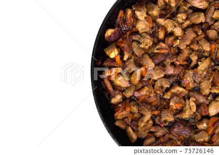 Fried meat in a pan. Fried pieces of pork in a pan cooked for filling noodles.Top view Fried meat in a pan. Fried pieces of pork in a pan cooked for filling noodles.Top view 73726146
