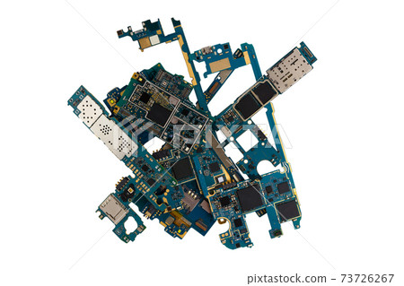Motherboard for smartphone. A pile of spare parts with microcircuits for a phone on a white background. 73726267