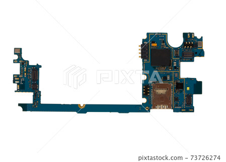 Motherboard for smartphone. Part with microcircuits for the phone on a white background. Motherboard for smartphone. Part with microcircuits for the phone on a white background. 73726274