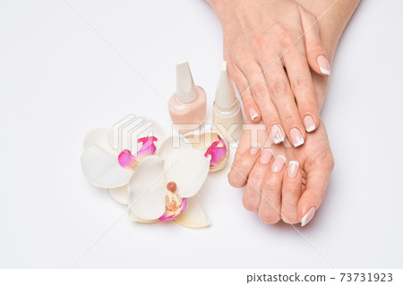 Beautiful Female Hands with French manicure over light grey background 73731923