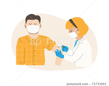 The doctor or nurse injects the vaccine. The patient is an adult male. Flu vaccination concept. Coronavirus vaccine. Vector flat illustration EPS 10. The doctor or nurse injects the vaccine. The patient is an adult male. Flu vaccination concept. Coronavirus vaccine. Vector flat illustration EPS 10. 73733001