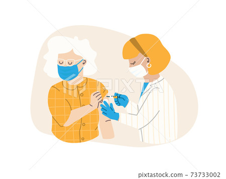 The doctor or nurse injects the vaccine. The patient is an elderly woman. Flu vaccination concept, virus vaccine. Vector flat illustration EPS 10. 73733002