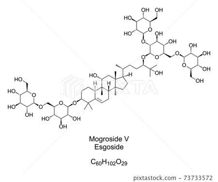 Mogroside V, esgoside, chemical formula and structure. Main component of the monk fruit extract, used as sweetener and sugar substitute, about 250 times stronger than table sugar. Illustration. Vector Mogroside V, esgoside, chemical formula and structure. Main component of the monk fruit extract, used as sweetener and sugar substitute, about 250 times stronger than table sugar. Illustration. Vector 73733572