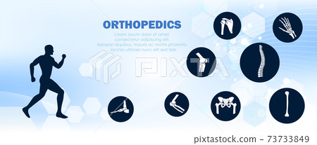 Medical orthopedic anatomy. Human silhouette in motion with marked spine, pelvis, knee, foot, shoulder, elbow, and, humerus bones and joints. Orthopedics medical molecule Hexagon.Vector illustration 73733849