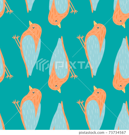Animal flying seamless pattern with orange colored bird silhouettes. Blue bright background. 73734567