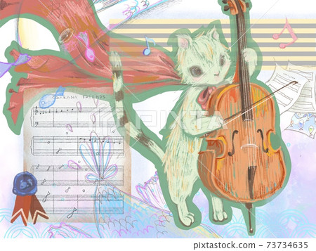 演奏大提琴的貓。魚和樂譜。 73734635