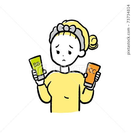 Illustration of a woman suffering from the difference between BB cream and CC cream 73734814
