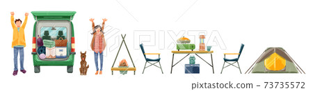 Illustration of a couple going camping and camping equipment 73735572