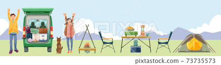 Illustration of a couple going camping and camping equipment 73735573