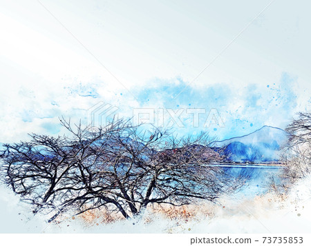 Abstract colorful tree and mountain range in japan on watercolor illustration painting background. 73735853