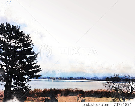 Abstract colorful tree and mountain range in japan on watercolor illustration painting background. 73735854
