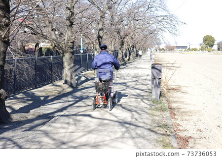 Elderly people riding a four-wheeled bicycle Elderly people riding a four-wheeled bicycle 73736053