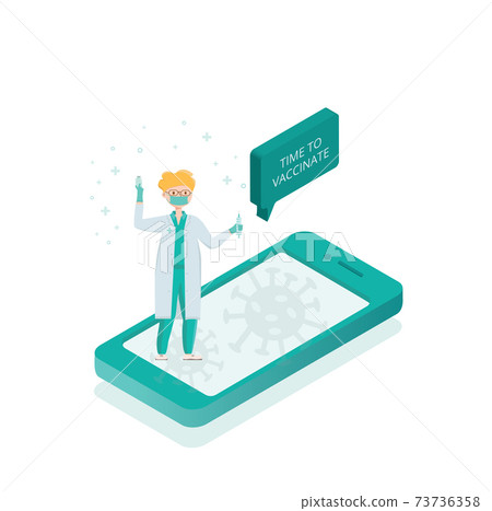 Covid-19, coronavirus people vaccination poster. Vector stock illustration isolated on white background for banner, web template. 73736358