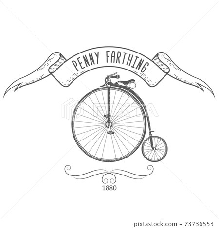 Penny-farthing bicycle vintage emblem, retro bike with large front wheel of 1890s, vector 73736553
