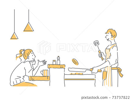 A simple line art illustration of a couple chatting while cooking in the counter kitchen. A simple line art illustration of a couple chatting while cooking in the counter kitchen. 73737822