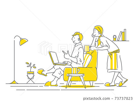 A simple line art illustration of a couple looking at a computer together in a fashionable living room A simple line art illustration of a couple looking at a computer together in a fashionable living room 73737823