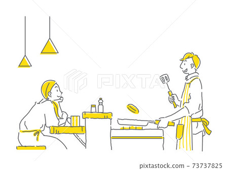 一對夫婦在櫃檯廚房做飯時聊天的簡單線條藝術插圖 73737825