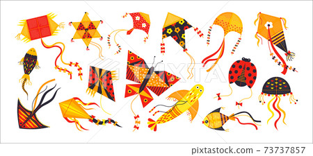 Cartoon kite. Festive toys flying in sky. Red and yellow hovering objects. Animals and geometric shapes with tails waving in wind. Traditional holiday or leisure pastime, vector set Cartoon kite. Festive toys flying in sky. Red and yellow hovering objects. Animals and geometric shapes with tails waving in wind. Traditional holiday or leisure pastime, vector set 73737857