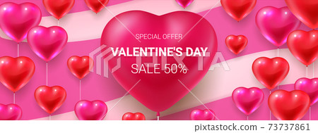 Valentines day sale banner. February special offer and discount. Romantic holiday promotion with price reductions. Realistic 3D balloons on striped background. Vector decorative flyer 73737861