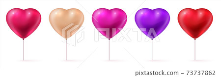 Valentine balloons. Realistic 3D red, pink and purple inflated forms. Heart shaped romantic decorative elements. Glossy presents for children and lovers. Isolated objects, vector set 73737862