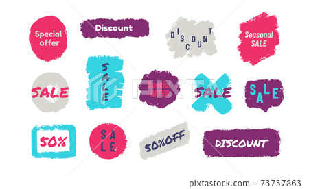Grunge sale badge. Discount labels. Collection of signs for price tags. Painted shapes and promotional text. Special offer advertising banner. Isolated decorative symbols, vector set Grunge sale badge. Discount labels. Collection of signs for price tags. Painted shapes and promotional text. Special offer advertising banner. Isolated decorative symbols, vector set 73737863