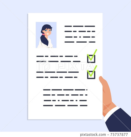 Qualification personal document. CV documentation. Man holding paper with photo and identification information. Manager reading candidate resume for employment. Vector illustration Qualification personal document. CV documentation. Man holding paper with photo and identification information. Manager reading candidate resume for employment. Vector illustration 73737877