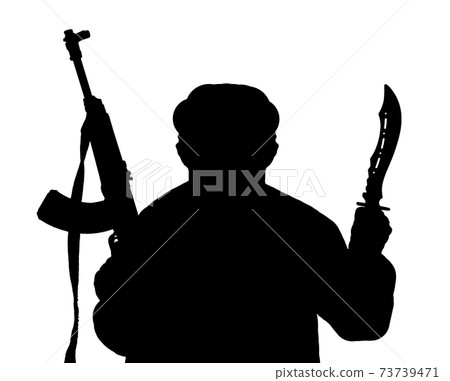 The black silhouette of man armed with kalashnikov and knife isolated on a white background. The black silhouette of man armed with kalashnikov and knife isolated on a white background. 73739471