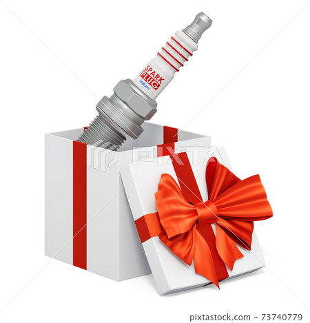 Spark plug inside gift box, present concept. 3D rendering 73740779