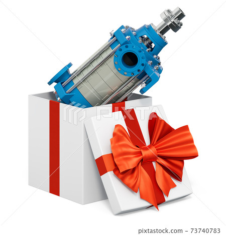 Horizontal multistage pump inside gift box, present concept. 3D rendering Horizontal multistage pump inside gift box, present concept. 3D rendering 73740783
