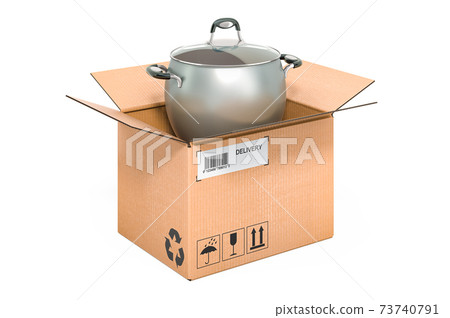 Steel stock pot with glass cover inside cardboard box, delivery concept. 3D rendering Steel stock pot with glass cover inside cardboard box, delivery concept. 3D rendering 73740791
