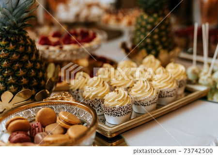 Closeup of a wedding candybar with cakes and fruits Closeup of a wedding candybar with cakes and fruits 73742500