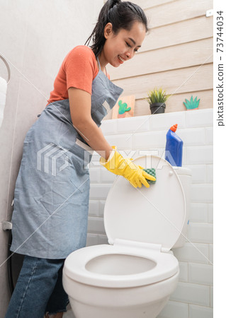 smiling women wearing gloves cleaning the toilet with a sponge 73744034