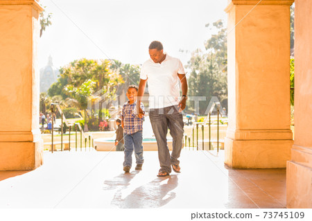 Happy African American Father and Mixed Race Son Walking At The Park Happy African American Father and Mixed Race Son Walking At The Park 73745109