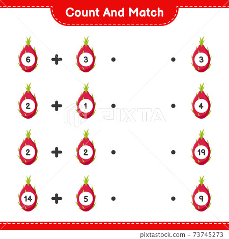 Count and match, count the number of Pitaya and match with right numbers. Educational children game, printable worksheet, vector illustration 73745273