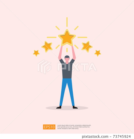 customer evaluating concept with five star good rating feedback. clients satisfaction and positive review experience with stars and flat man vector illustration 73745924
