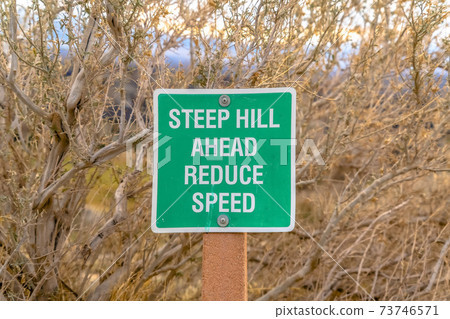 Steep hill ahead reduce speed road sign 73746571