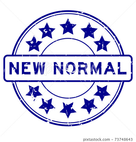 Grunge blue new normal word with star icon round rubber seal stamp on white background 73748643