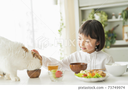 Girls and cats eating breakfast Girls and cats eating breakfast 73749974