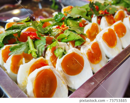 Egg spicy salad for sale on street market. Egg spicy salad for sale on street market. 73753885