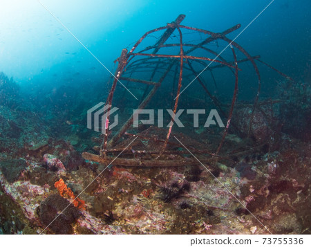 Broken fish catcher sunk on a coral reef (Mergui Archipelago, Myanmar) 73755336