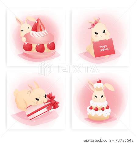 Set of template cards with cute bunny and cake watercolor art style. for the birthday card, baby card Set of template cards with cute bunny and cake watercolor art style. for the birthday card, baby card 73755542