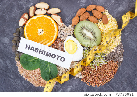 Nutritious ingredients in shape of thyroid. Healthy lifestyles and food containing vitamins 73756081