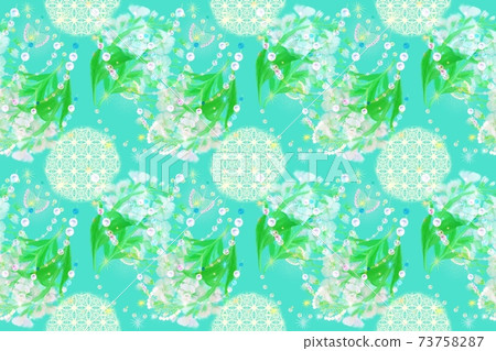 Pattern illustration of pink stock flower bouquet and lace and pearl necklace 73758287