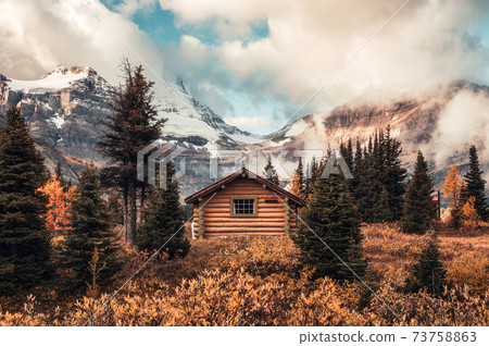 Wooden hut with Assiniboine mountain in autumn forest at provincial park 73758863