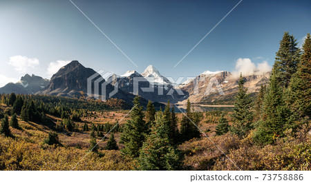 Scenery of Mount Assiniboine with Lake Magog in autumn forest at provincial park 73758886